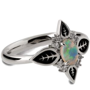White Gold Black Leaves Opal Engagement Ring