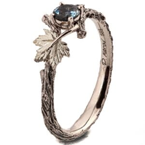 Twig and Maple Leaf Engagement Ring White Gold and Teal Sapphire Catalogue