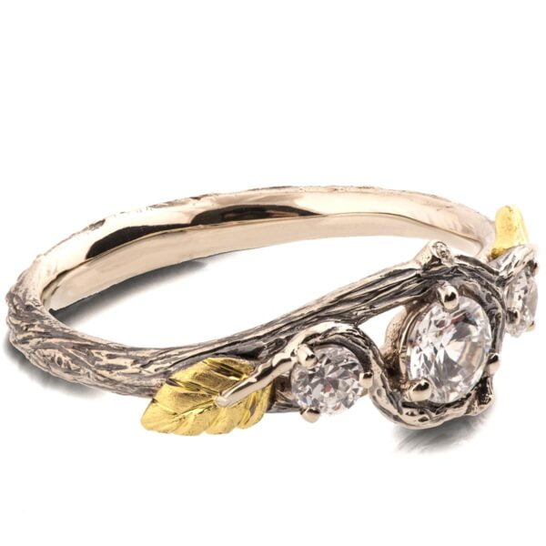 Three Stones Leaves Engagement Ring Yellow Gold and Diamonds Catalogue