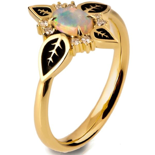 Black Leaves Opal Engagement Ring Yellow Gold