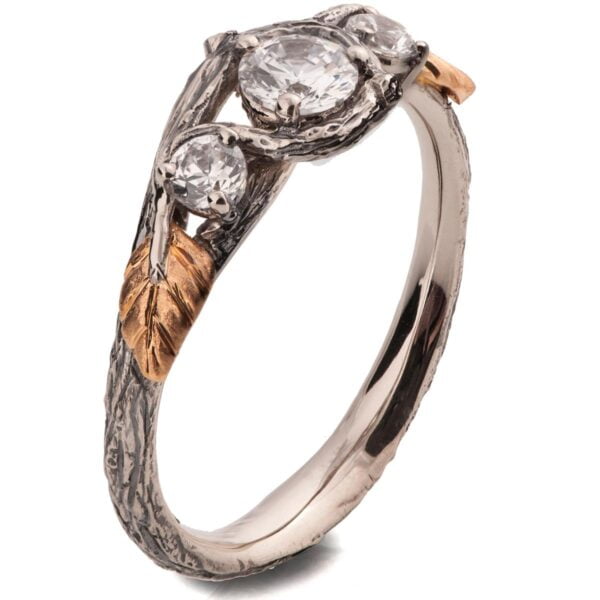 Three Stones Leaves Engagement Ring Rose Gold and Diamonds Catalogue