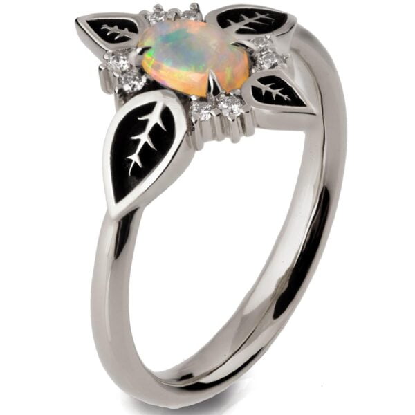 Black Leaves Opal White Gold Engagement Ring