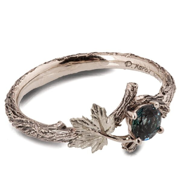 Twig and Maple Leaf Engagement Ring White Gold and Teal Sapphire Catalogue