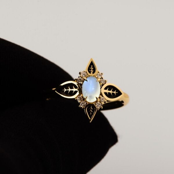 Black Leaves Moonstone Yellow Gold Engagement Ring Catalogue