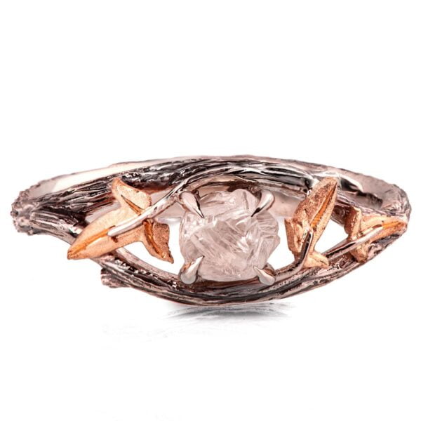 Raw Diamond Twig and Ivy Leaves Ring Platinum and Rose Gold Catalogue