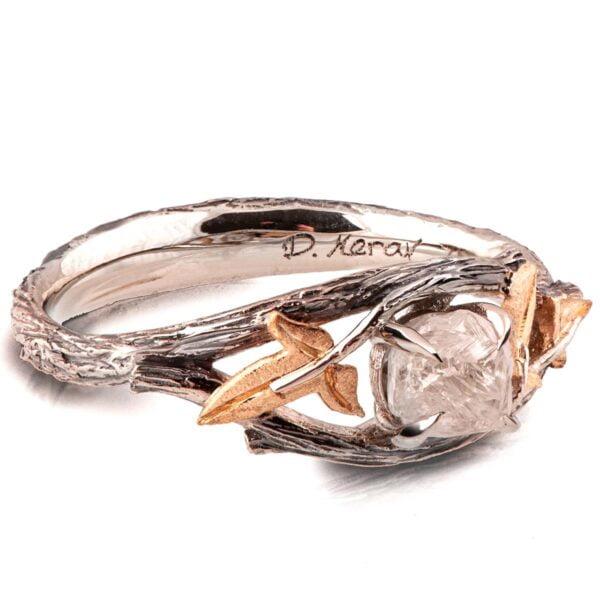 Raw Diamond Twig and Ivy Leaves Ring Platinum and Rose Gold Catalogue