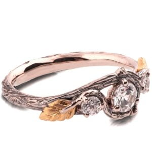 Three Stones Leaves Engagement Ring Rose Gold and Moissanites Catalogue