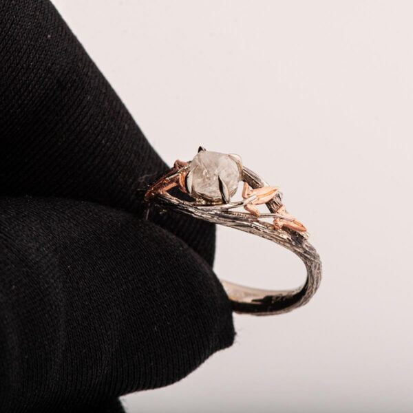 Raw Diamond Twig and Ivy Leaves Ring Rose Gold Catalogue