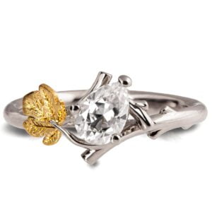 Twig and Fig Leaf Pear Diamond Engagement Ring Platinum and Gold