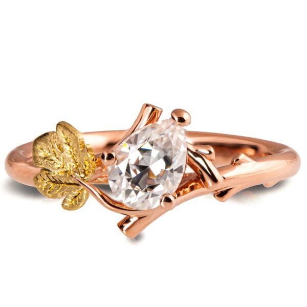 Twig and Fig Leaf Pear Diamond Engagement Ring Rose and Yellow Gold