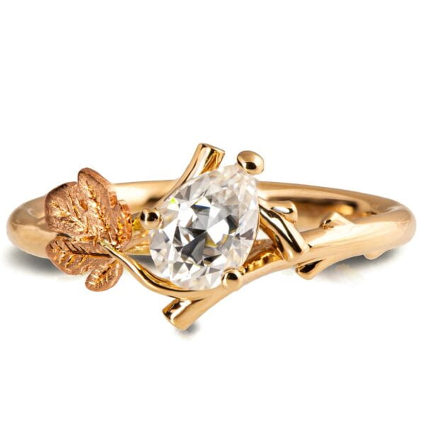 Twig and Fig Leaf Pear Diamond Engagement Ring Yellow and Rose Gold