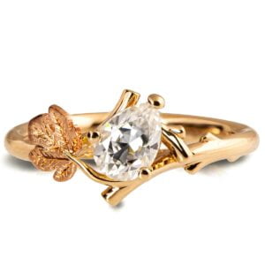 Fig Leaf Moissanite Pear Engagement Ring Yellow and Rose Gold