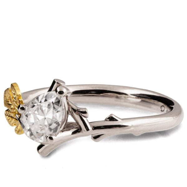Pear Diamond Twig and Fig Leaf Engagement Ring Platinum and Gold