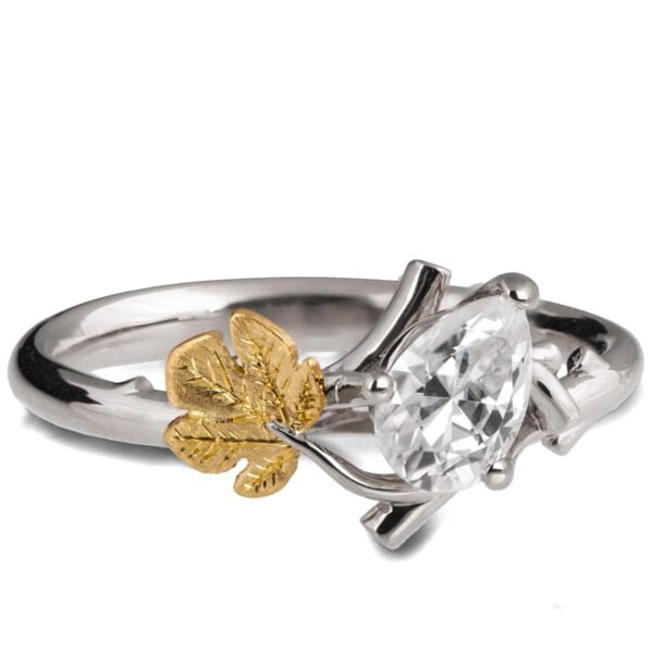 Pear Diamond Twig and Fig Leaf Ring Platinum and Gold