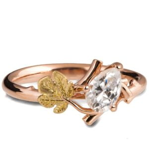 Pear Diamond Twig and Fig Leaf Ring Rose and Yellow Gold