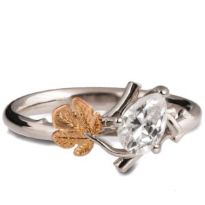Pear Diamond Twig and Fig Leaf Ring White and Rose Gold