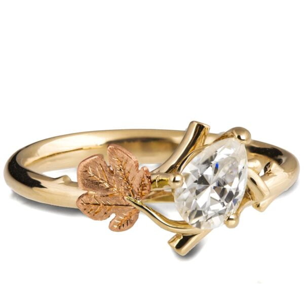 Pear Diamond Twig and Fig Leaf Ring Yellow and Rose Gold