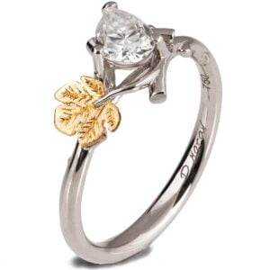 Twig and Fig Leaf Pear Diamond Ring Platinum and Gold