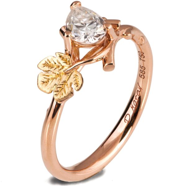 Twig and Fig Leaf Pear Diamond Ring Rose and Yellow Gold