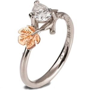 Twig and Fig Leaf Pear Diamond Ring White and Rose Gold