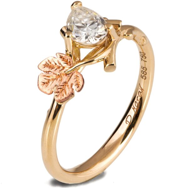 Twig and Fig Leaf Pear Moissanite Ring Yellow and Rose Gold