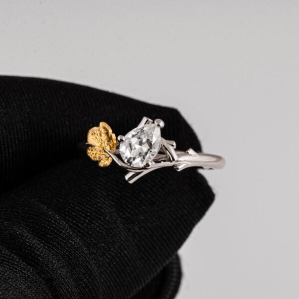 Twig and Fig Leaf Pear Diamond Ring Platinum and Gold Catalogue