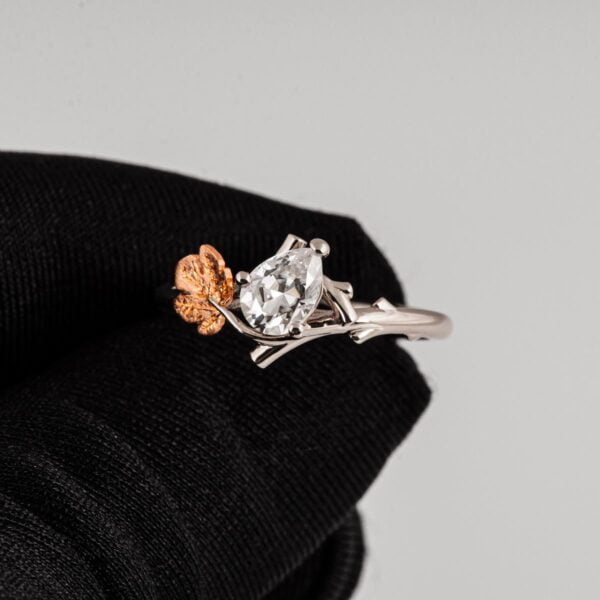 Twig and Fig Leaf Pear Diamond Ring White and Rose Gold Catalogue