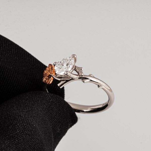 Twig and Fig Leaf Pear Diamond Ring White and Rose Gold Catalogue