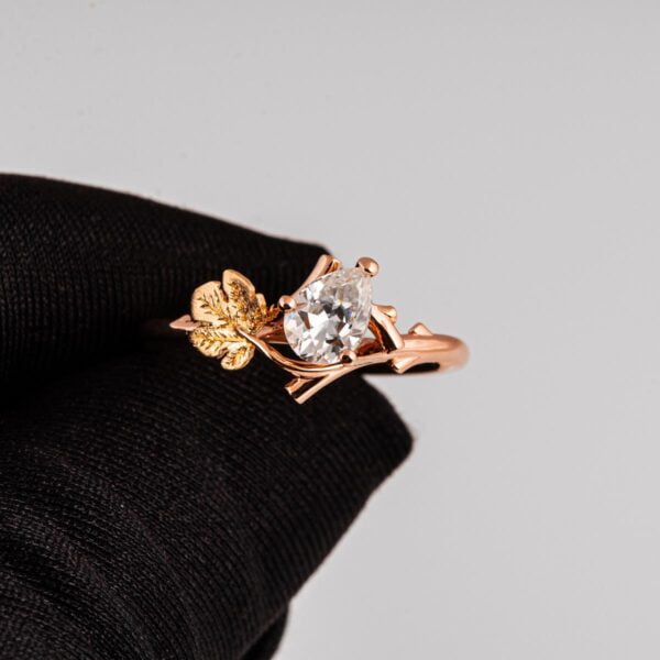 Twig and Fig Leaf Pear Diamond Ring Rose and Yellow Gold Catalogue