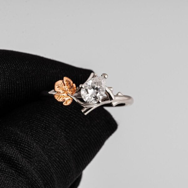 Twig and Fig Leaf Pear Moissanite Ring White and Rose Gold Catalogue