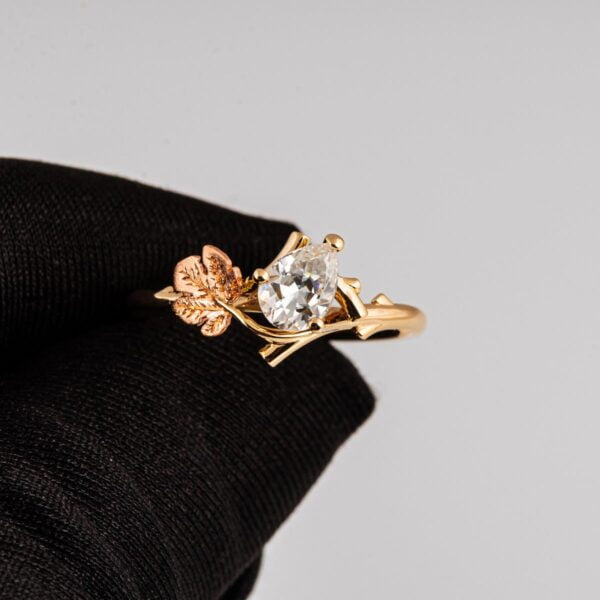 Twig and Fig Leaf Pear Diamond Ring Yellow and Rose Gold Catalogue