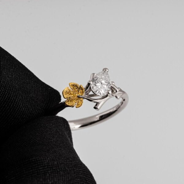 Twig and Fig Leaf Pear Diamond Ring Platinum and Gold Catalogue