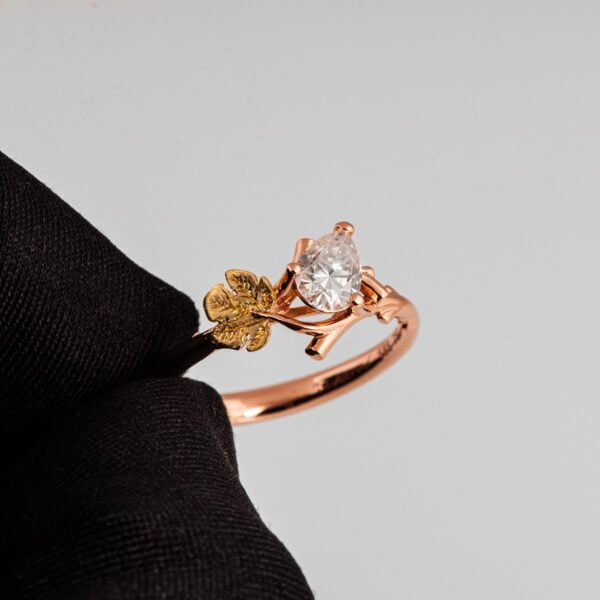 Twig and Fig Leaf Pear Diamond Ring Rose and Yellow Gold Catalogue