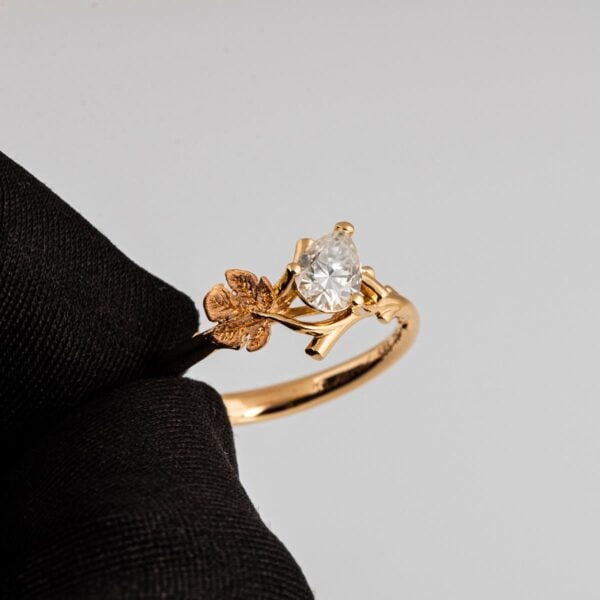 Twig and Fig Leaf Pear Moissanite Ring Yellow and Rose Gold Catalogue