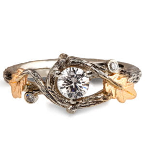 Twig and Oak Leaf Engagement Ring Yellow Gold and Moissanite