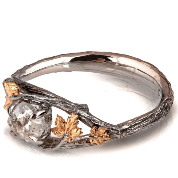 Twig and Maple Leaf Raw Diamond Ring Platinum and Rose Gold Catalogue