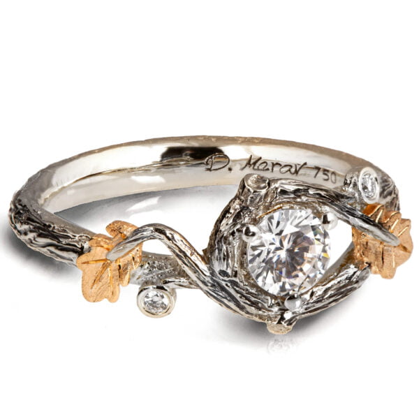Platinum and Rose Gold Twig and Oak Leaf Engagement Ring Set With a Moissanite Catalogue