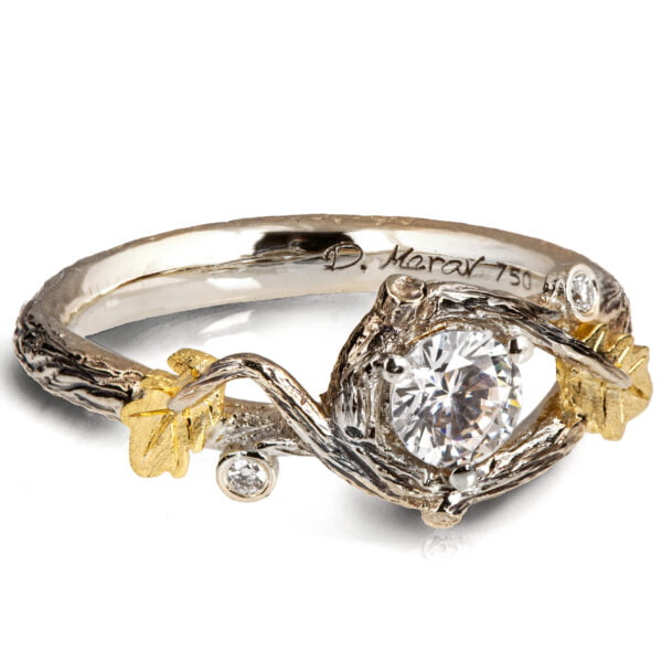 Twig and Oak Leaf Engagement Ring Yellow Gold and Moissanite Catalogue
