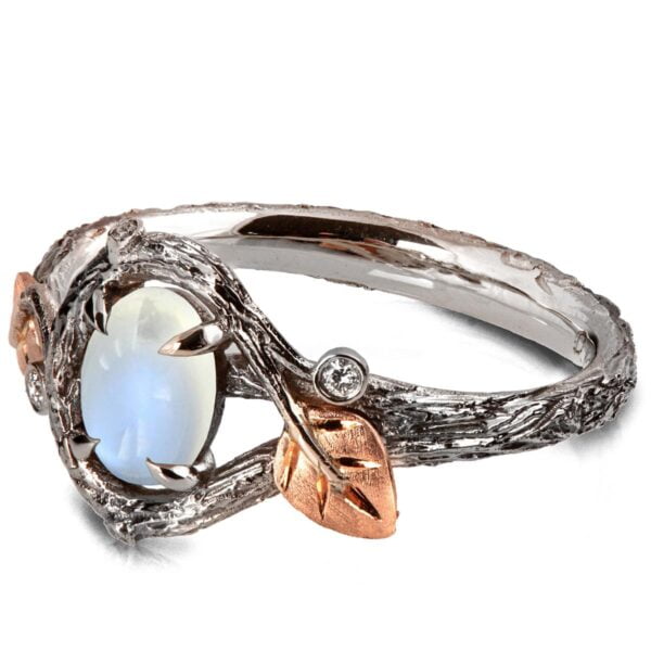 Twig and Leaves Moonstone Ring Platinum and Rose Gold Catalogue