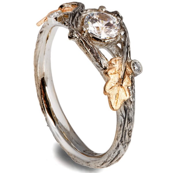 Platinum and Rose Gold Twig and Oak Leaf Engagement Ring Set With a Diamond Catalogue
