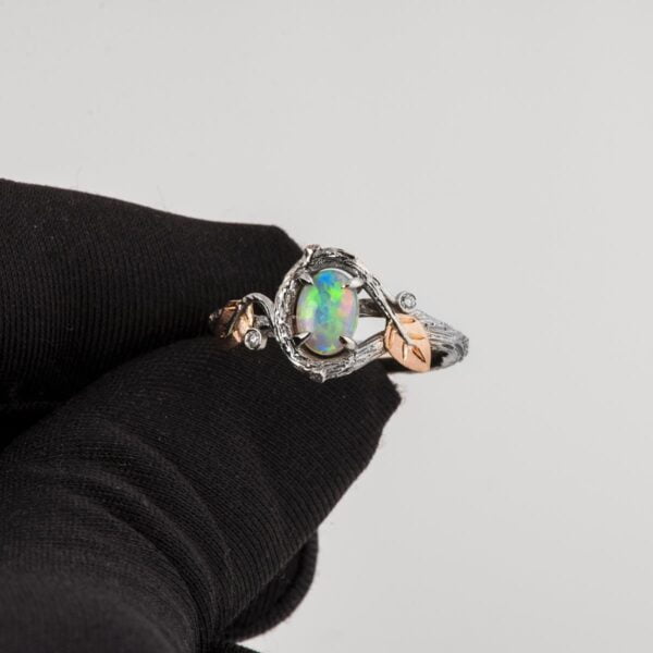 Twig and Leaves Opal Ring Platinum and Rose Gold Catalogue