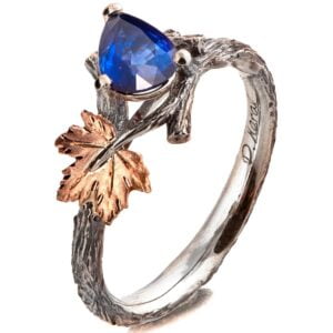 Platinum and Rose Gold Twig and Maple Leaf Engagement Ring Set With Sapphire Catalogue
