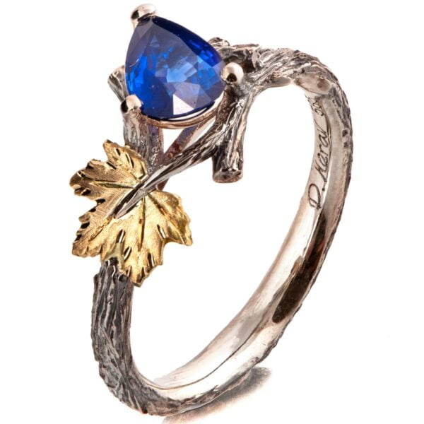 Twig and Maple Leaf Engagement Ring Yellow Gold and Sapphire Catalogue