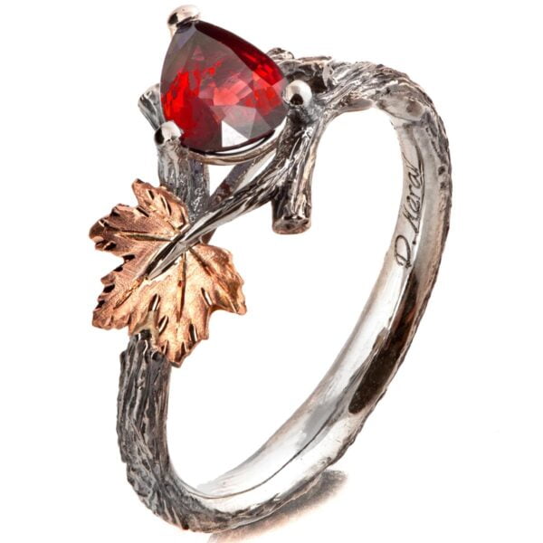 Platinum and Rose Gold Twig and Maple Leaf Engagement Ring Set With Ruby Catalogue