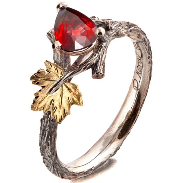 Twig and Maple Leaf Engagement Ring Yellow Gold and Ruby Catalogue
