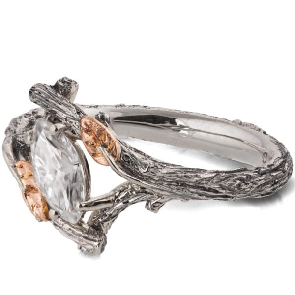 Marquise Cut Diamond Twig and Leaves Engagement Ring Platinum and Rose Gold Catalogue
