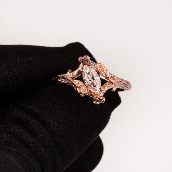 Marquise Cut Diamond Twig and Leaves Engagement Ring Rose Gold Catalogue