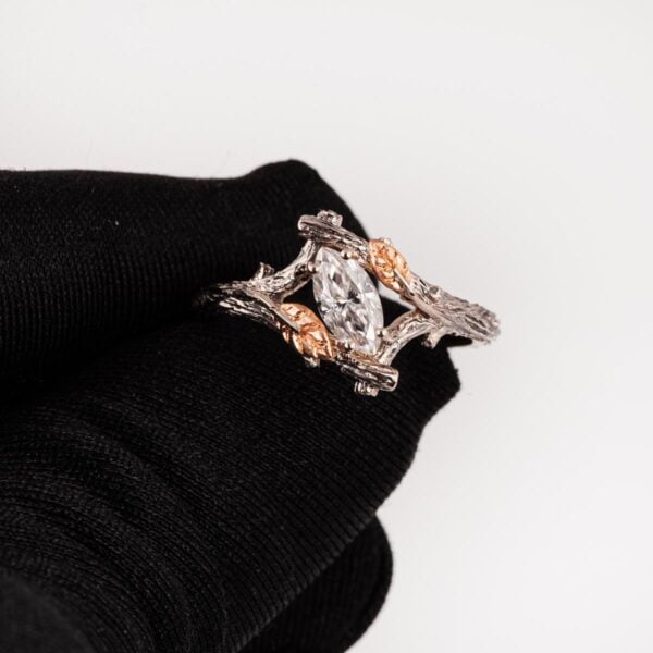 Marquise Cut Diamond Twig and Leaves Engagement Ring White Gold Catalogue