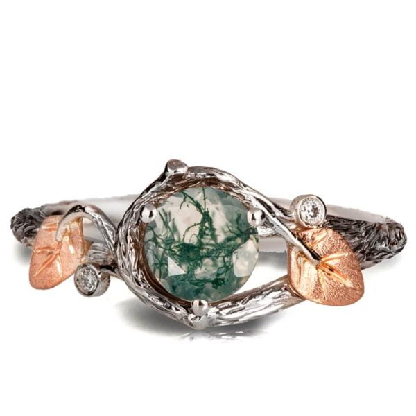 Moss Agate Twig and Leaves Engagement Ring Platinum Catalogue