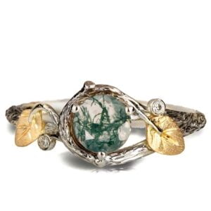 Moss Agate Twig and Leaves Engagement Ring Yellow Gold Catalogue